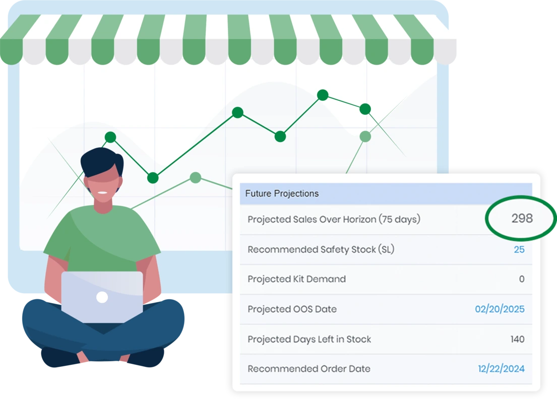 Illustration depicting a storefront with a bar chart on the window and a person sitting cross-legged on the grounf in front.