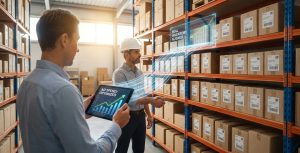 Man holding tablet with Inventory Optimizer dashboard showing. Warehouse worker with hardhat in the background pointing at shelves of inventory.