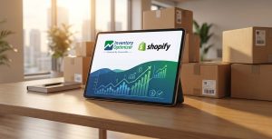 iPad with dashboard illuminated with Inventory Optimizer and Shopify logos. Packages stacked on the table behind the tablet.