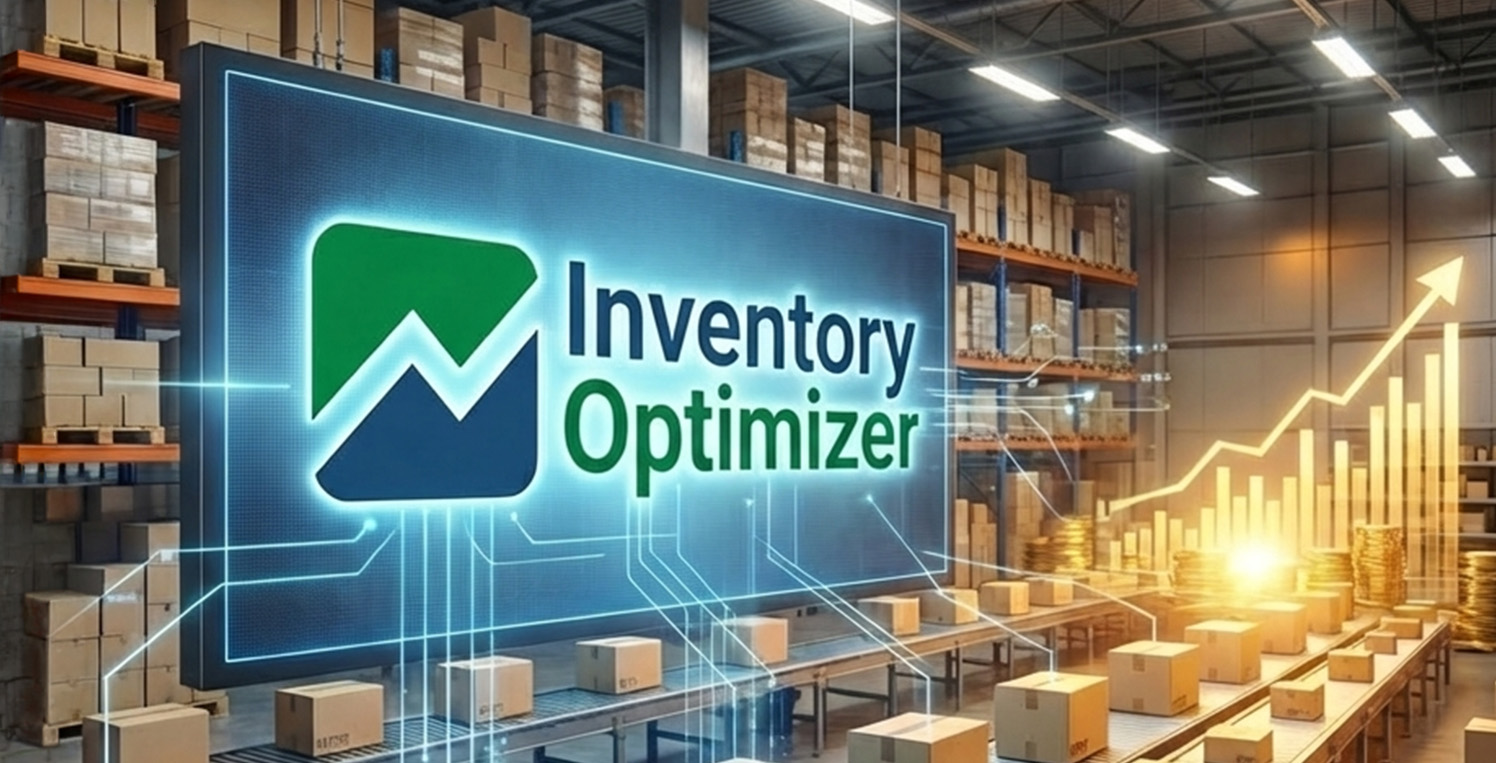 Fully stocked warehouse with Inventory Optimizer logo in front of inventory