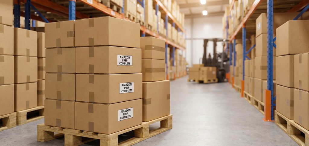 Warehouse with floor to ceiling boxes stacked on