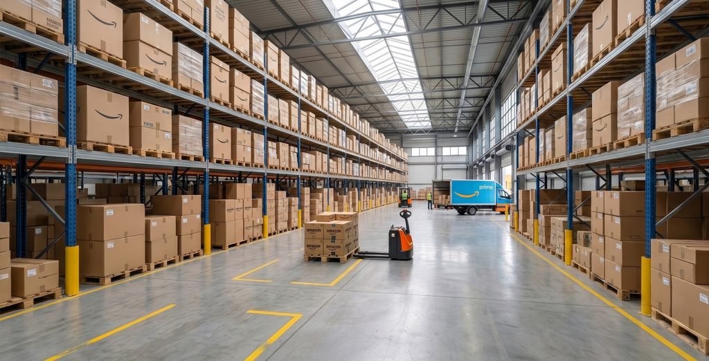 Huge Amazon warehouse with pallet mover in the center of the frame