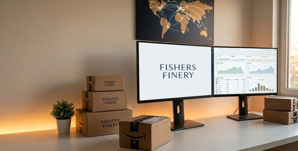 Double desktop computer monitors showing Fishers Finery logo and Inventory Optimizer dashboard