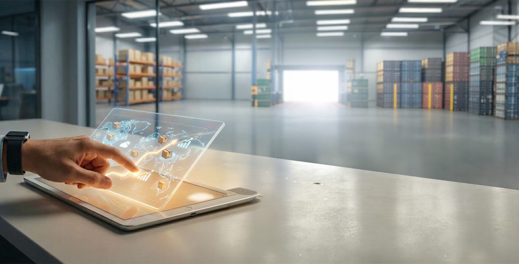 Tablet screen illuminated with supply chain routes in a warehouse with boxes and shipping containers.