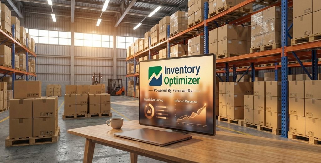 Desktop computer monitor in an inventory warehouse full of packages with Inventory Optimizer logo displayed