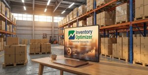 Desktop computer monitor in an inventory warehouse full of packages with Inventory Optimizer logo displayed
