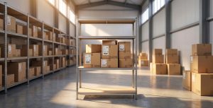 Shipping warehouse filled with stacked boxes with a shelf in the center of the room with boxes ready to be shipped