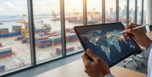 Person using tablet to show supply chain routes. Shipping containers in the background