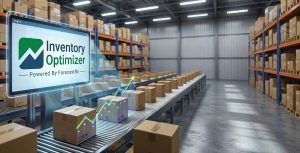 Warehouse with stock stacked floor to ceiling and individual packages on a conveyor belt with floating screen with Inventory Optimizer logo