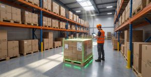 Worker in a warehouse using an iPad to check in a pallet of inventory