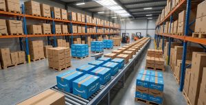 Amazon warehousing with floor to ceiling tan boxes. A center conveyor belt has tan and blue boxes with "Prime Day" written on them.