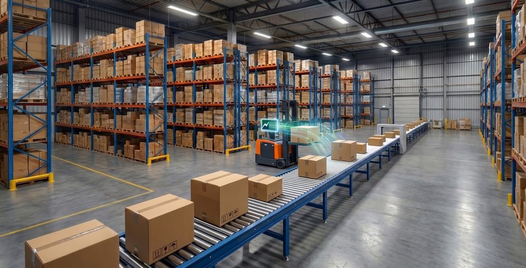 Giant warehouse of floor to ceiling Amazon stock with conveyor belt of packages moving through the room.