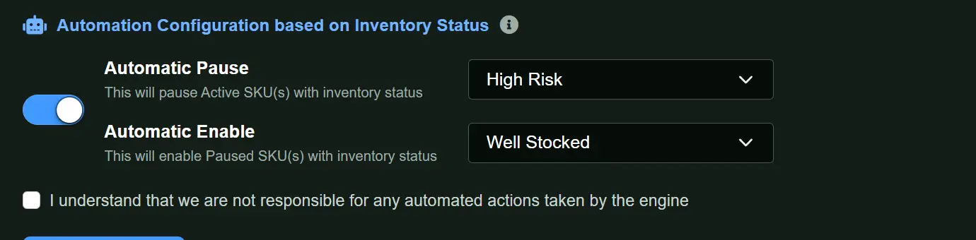 Automation settings with a toggle enabled, set to automatically pause SKUs at high risk and re-enable them once they are well stocked